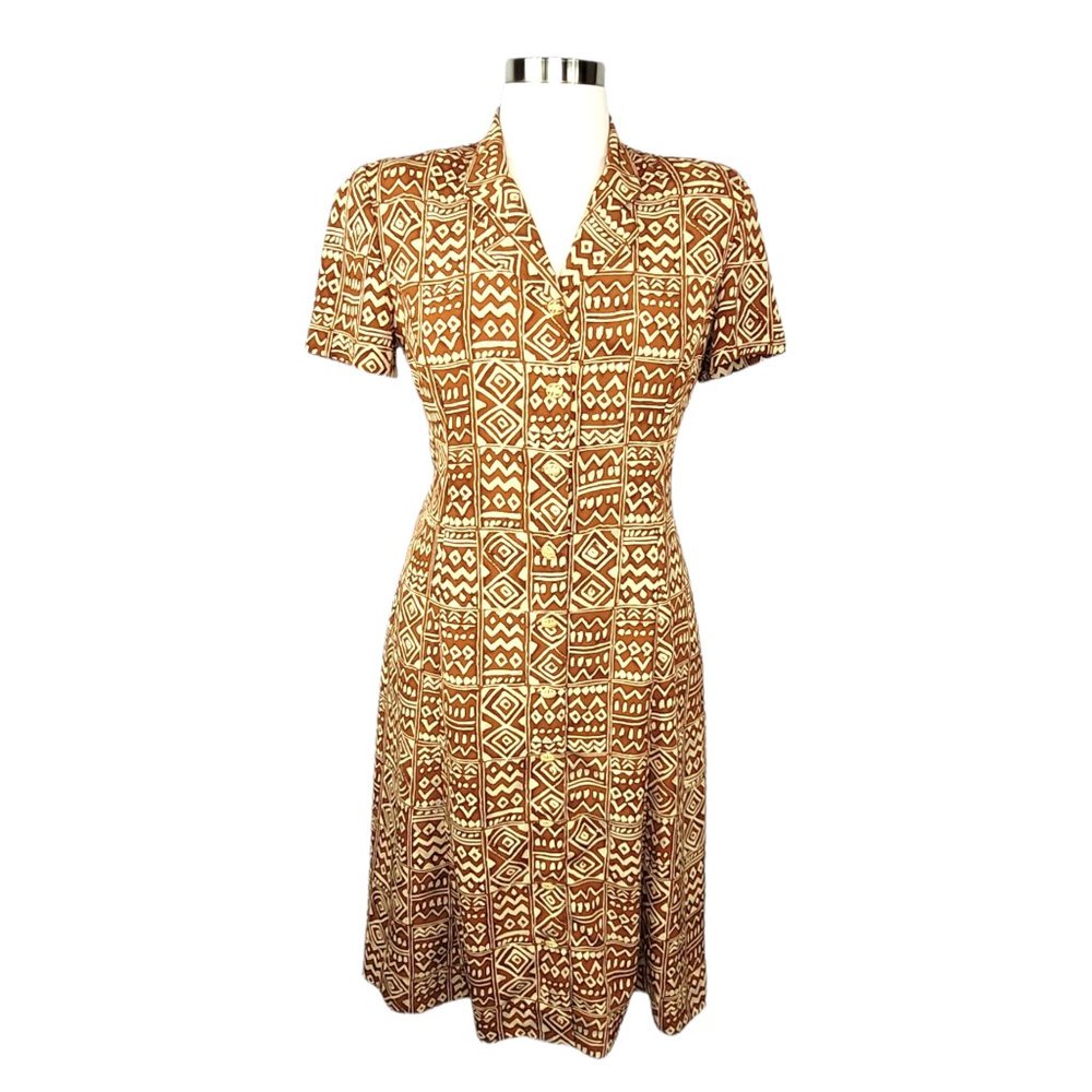 1990s LESLIE FAY Tie Back Button Front Dress Tan Geo Ethnic Print Volup SZ 14